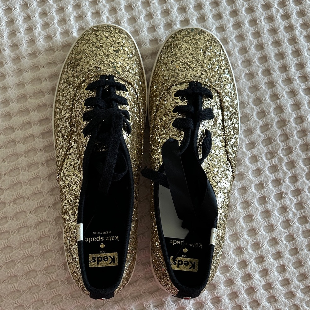 Keds For Kate Spade Gold Glitter Sneakers with Black Laces size 9 New - Picture 2 of 10